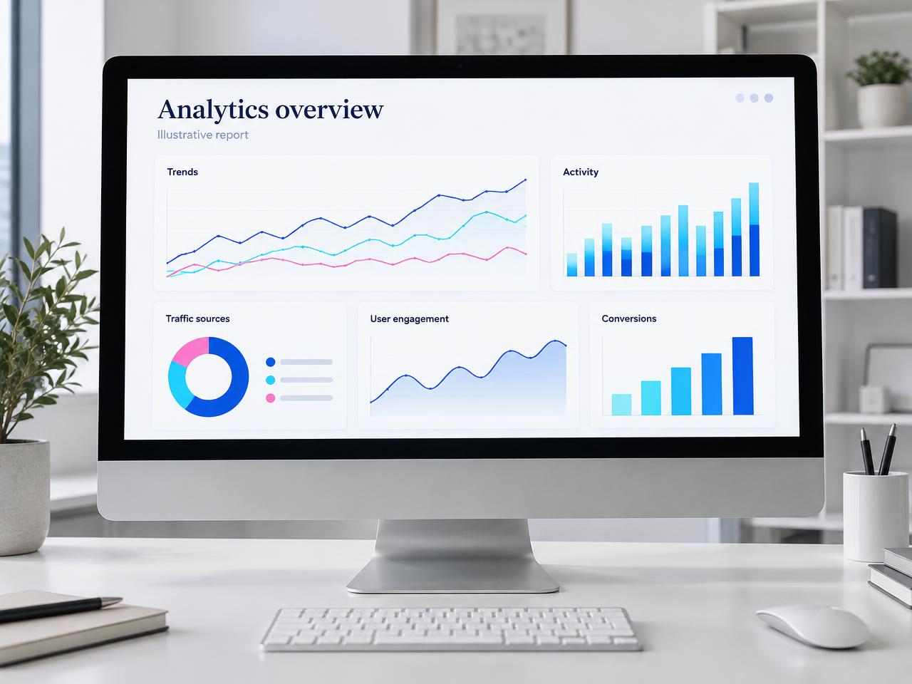 Illustrative analytics report on a desktop monitor with blue, cyan, and pink charts
