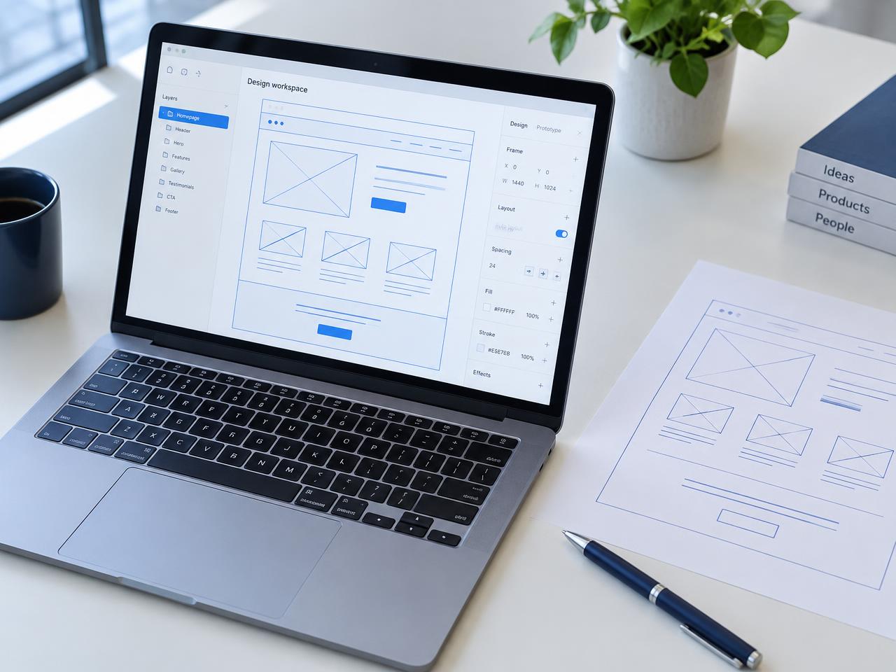 Website design workspace on a laptop alongside paper wireframe sketches
